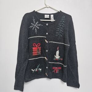 Vintage Villager Sport Holiday Hand  Embroidered Women's Sz L Cardigan Sweater